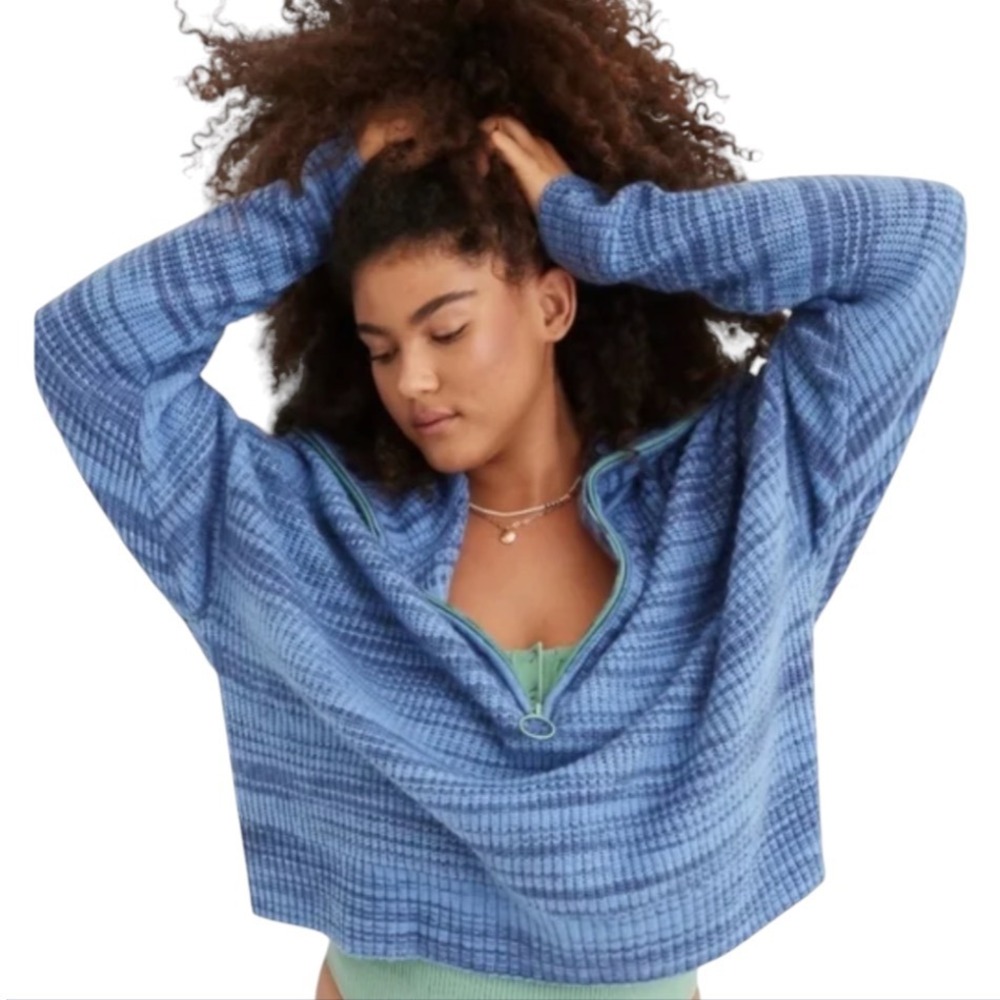 AERIE Blue Striped QUARTER ZIP SWEATER Green Zipper OVERSIZED Cozy Soft Fuzzy L